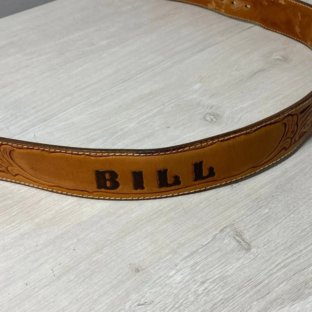 Larry Mahan Men Tan Leather Tooled Western Belt 36 Vintage Cowboy Country USA